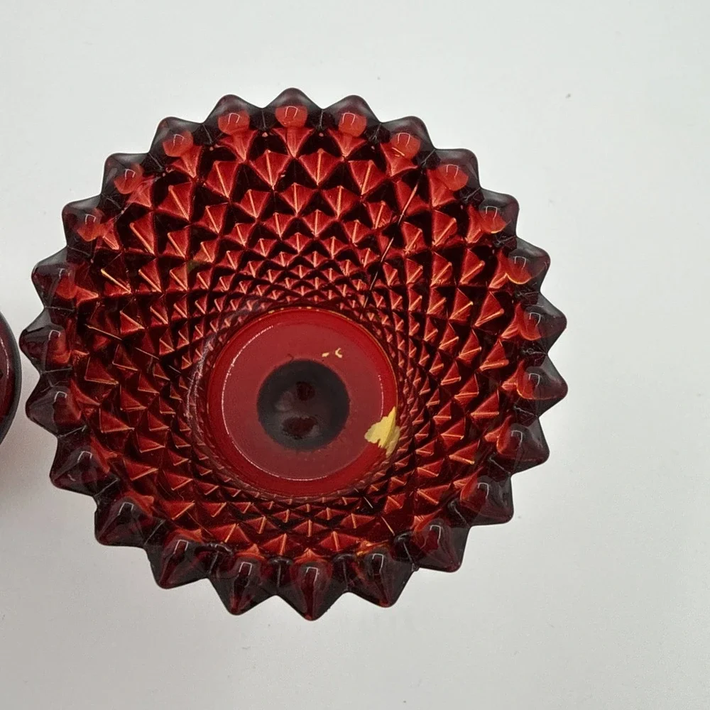 Vintage Homco Ruby Red Diamond Point Pegged Glass Votive 2 Candle Holders